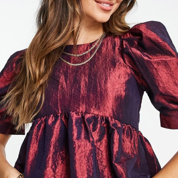 ASOS Metallic Bubble Puff Sleeve Taffeta Top Deep Red - Picture 3 of 10